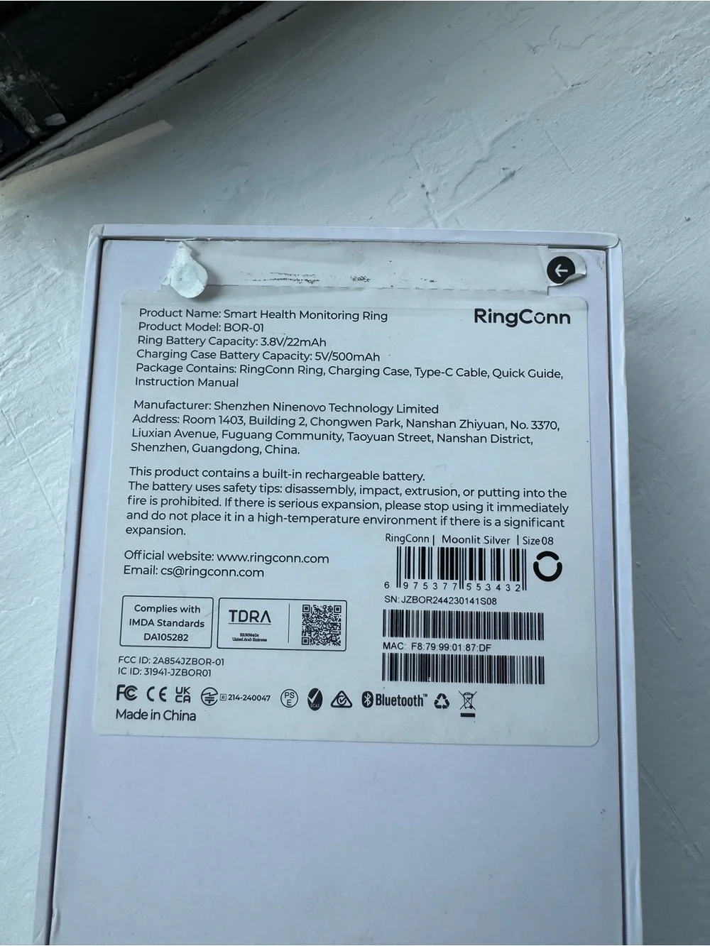 RingConn Gen 1 Smart Ring - Size 8
